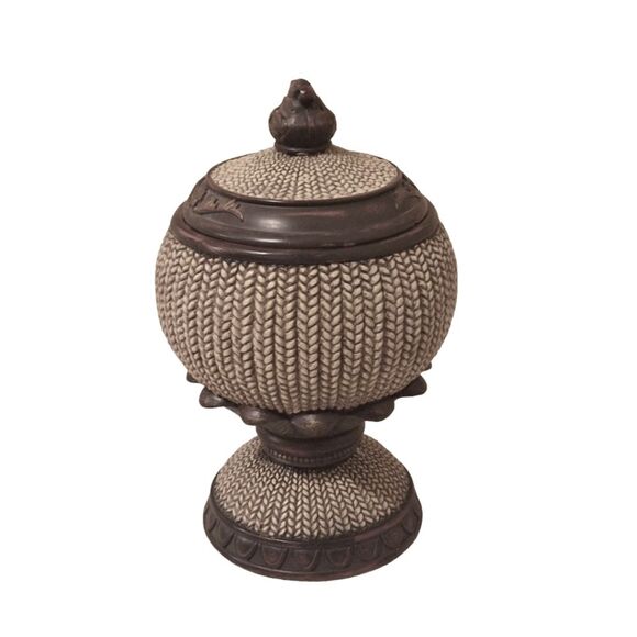 Ornate Lidded Jar Pedestal Spherical Finial Heavy Carved Woven Resin Urn Decor - Picture 14 of 16